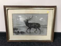 An oak framed pencil drawing of a stag by W. H.