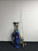 A golf bag of assorted drivers and irons and quantity of children's fishing rods