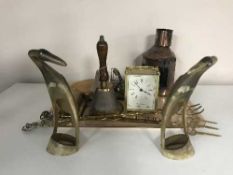 A tray of copper starboard ship's lamp, brass gong and beater, toasting forks, hand bell,