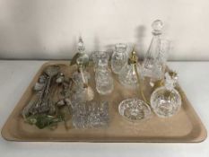 A tray of assorted lead crystal perfume bottles, vases,