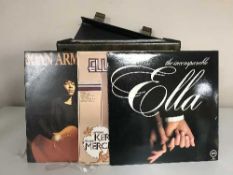 A Tevion UBS turn table and box and case of LP records - Neil Diamond etc and a box of 45s - Chic,