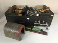 Three boxes of railway track and accessories, books relating to railways, videos,