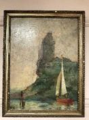 Early twentieth century school : fishing boats by a cliff, oil on board, framed.