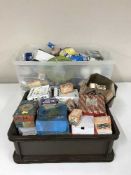 Three boxes of bulbs, power tools, pump,