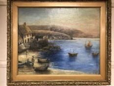 Early twentieth century school : Fishermen by a shore, oil on canvas, bearing monogram lower left,