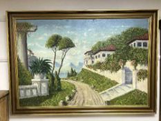 Hilbert Pieterson : Continental villa by a lake, oil on canvas, 89 cm x 133 cm, signed, framed.