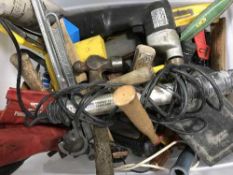 Two boxes of assorted power tools, bench vice,