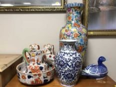 A pair of Staffordshire dogs, ironstone china sugar basin,