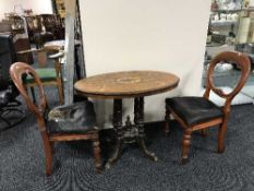 A Victorian inlaid mahogany occasional table and two balloon back chairs