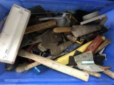 Two boxes of hand tools, wood working table,