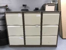 Three Bisley metal filing cabinets (one with key)