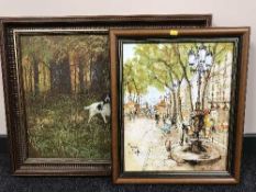 A framed oil painting of a gun dog, together with an oil depicting a Parisian street scene.