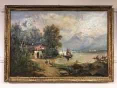 Nineteenth century school : Figures by a lake, oil on canvas, framed.