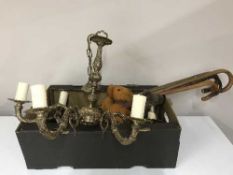 A box of gilt metal six way chandelier, four walking sticks, teddy bears,