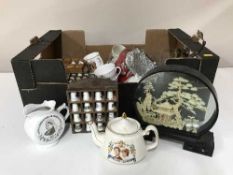 A box of thimbles on stand, spelter figure, glass ware, tureen,