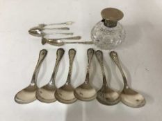 A silver lidded jar and a bag of eleven pieces of silver cutlery