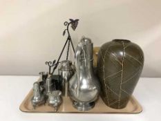 A tray of Don pewter teapot, pewter cruet set, hip flask, measures, tankard,