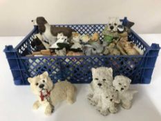 Two boxes of assorted ornaments, dogs, egg coddlers, perfume bottles, paperweights,