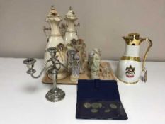 A tray of pair of Falcon Pottery lidded vases, candelabra, continental figures,