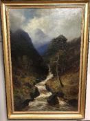 John Falconer Slater (1857 - 1937) : An upland stream, oil on canvas, 59 cm x 90 cm, signed, framed.