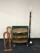 A gilt trolley, pine towel rail,