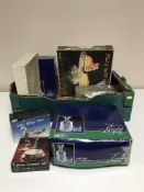 A box of boxed French crystal, decanter and tumblers, boxed comport, plated serving dish,