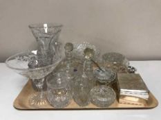 A tray of assorted lead crystal glass ware, comports, preserve pots,