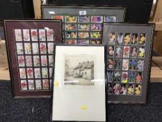 Three frames containing Wills cigarette cards - flowers and a framed pen and ink drawing of Alcombe