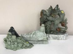 A tray of three oriental soapstone figures