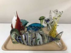 A tray of assorted coloured glass ware and a Victorian glass dump