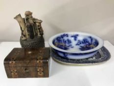 A 19th century willow pattern meat plate, bowl,