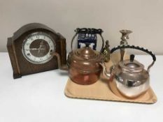 A tray of oak cased Enfield mantel clock, two copper kettles, pewter tankard,