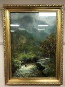 John Falconer Slater (1857-1937): A misty upland stream, oil on board, 54 cm x 78 cm, signed,
