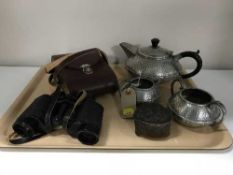 A tray of three piece Craftsman pewter tea service,