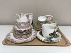 A tray of Royal Worcester Palissy hunting china, teapot, milk jug, antique pottery jug,