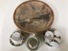 A pottery charger depicting flamingos and a part Tuscan china tea service