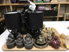 A tray of figure, pair of table lamps, fauna ware figure,