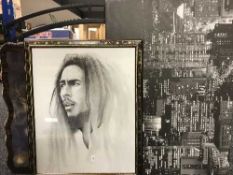 A framed print - Bob Marley, two canvas, two panels, mirror and box of binoculars,