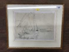 George Edward Horton (1859 - 1950) : A fishing boat moored at a quay, pencil sketch, signed,