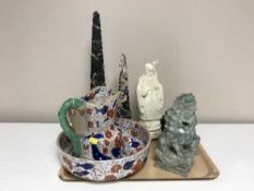 A tray of ironstone jug and basin, two marble obelisks (one restored), pair of soapstone foo dogs,