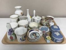 A tray of commemorative cups, Aynsley and Wedgwood Jasperware,