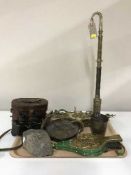 A tray of balance scales with weights, cased binoculars,