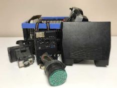 A box of assorted cameras, tripod, gas mask, box of LP records and 45s inc.