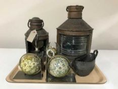 A tray of copper Starboard and Stern ship's lights, clock under shade,