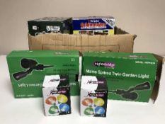 A box of boxed Dimplex water heater, flood lights,