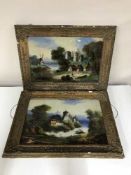 A pair of antique gilt framed paintings on glass