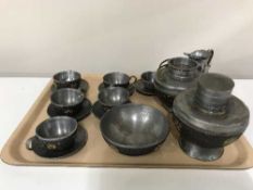 A tray of sixteen piece oriental pewter mounted tea service