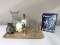 A tray of boxed lead crystal jug, glass vases, preserve pot,
