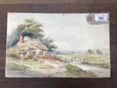 John Davison Liddell (1859 - 1942) : A lady with hens outside a thatched cottage, watercolour,