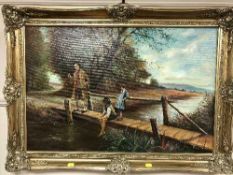Ray Smith : Fishing on a bridge, oil on canvas laid to board, 75 cm x 49 cm, framed.